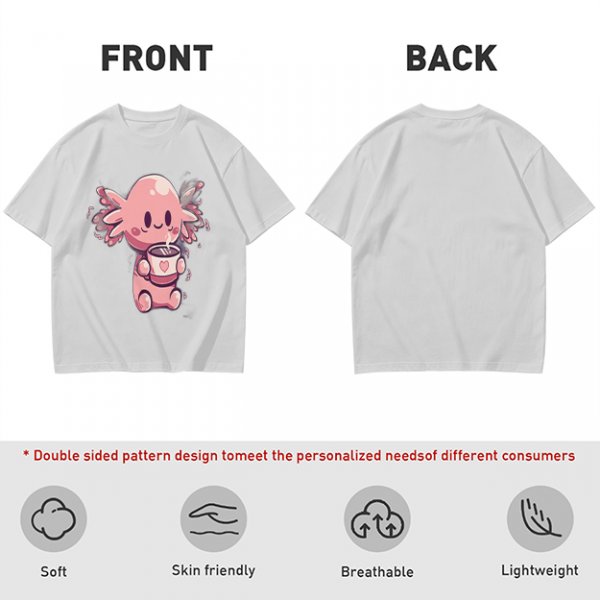 Olive T-Shirt With Cute Axolotl Holding Hot Drink Print