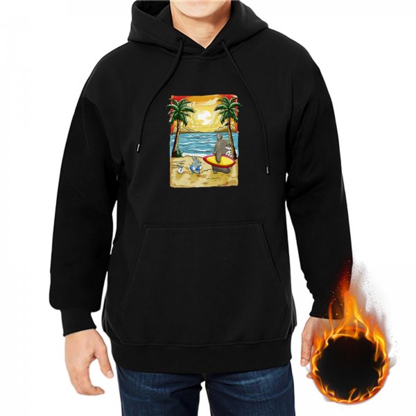 Black Hoodie with Beach Sunset Surfing Animal Graphic Print