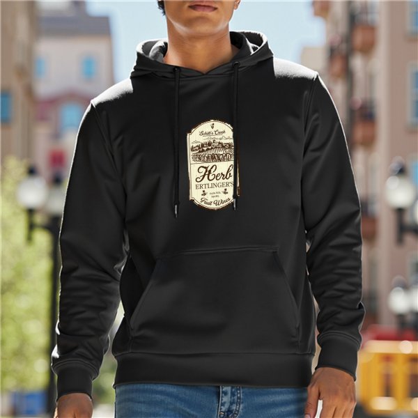 Black Hoodie with Vintage Wine Label Graphic Print