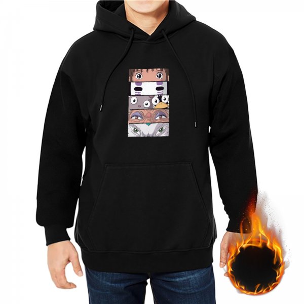 Black hoodie with Spirited Away character face stack graphic