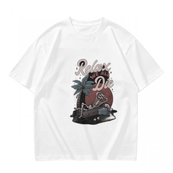 Olive graphic t-shirt with skeleton relaxing on coffin and 'Relax We All Die' text