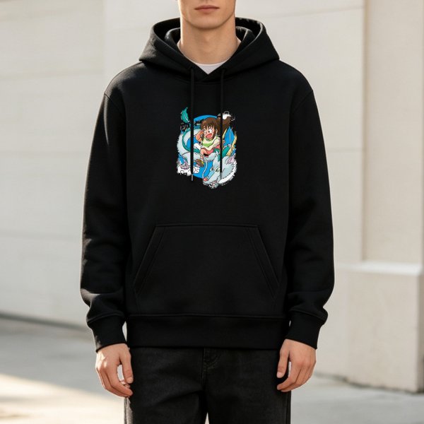 Black hoodie with Spirited Away Chihiro and Haku dragon graphic