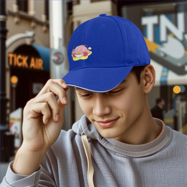 Black baseball cap featuring Kirby eating ramen