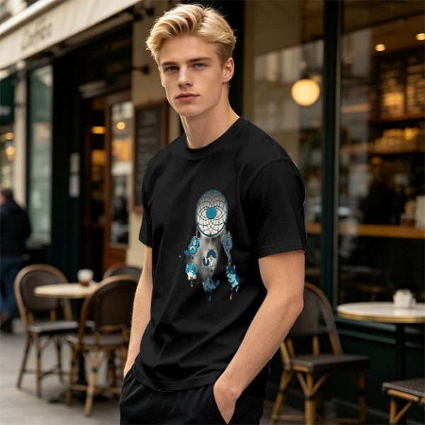 Olive T-Shirt With Dreamcatcher And Cute Cat Kittens Print