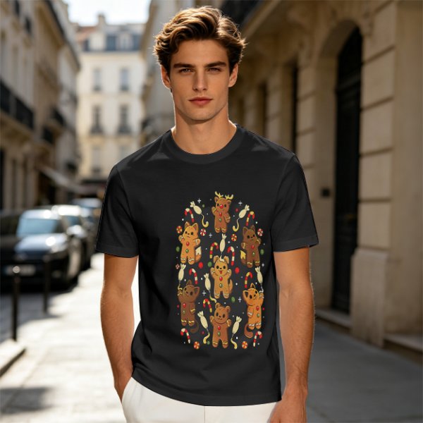 Olive T-Shirt With Cute Gingerbread Animal Christmas Print