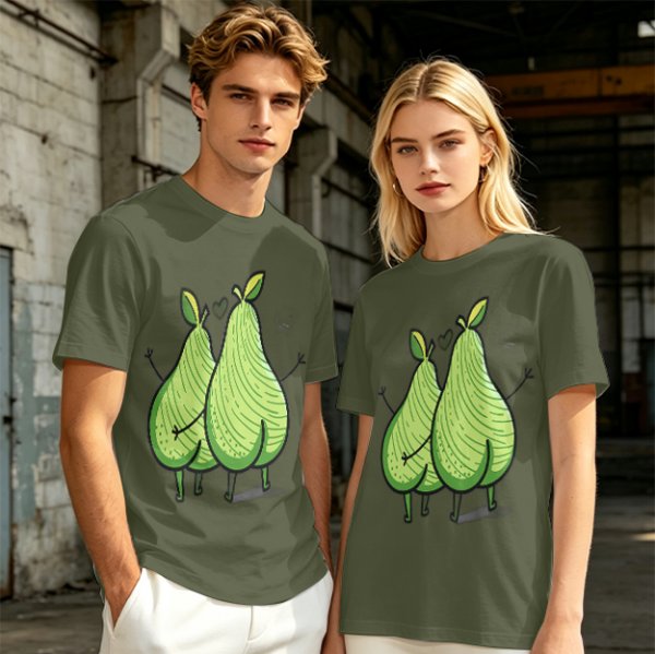 Olive Green T-Shirt With Two Cartoon Pears In Love Graphic