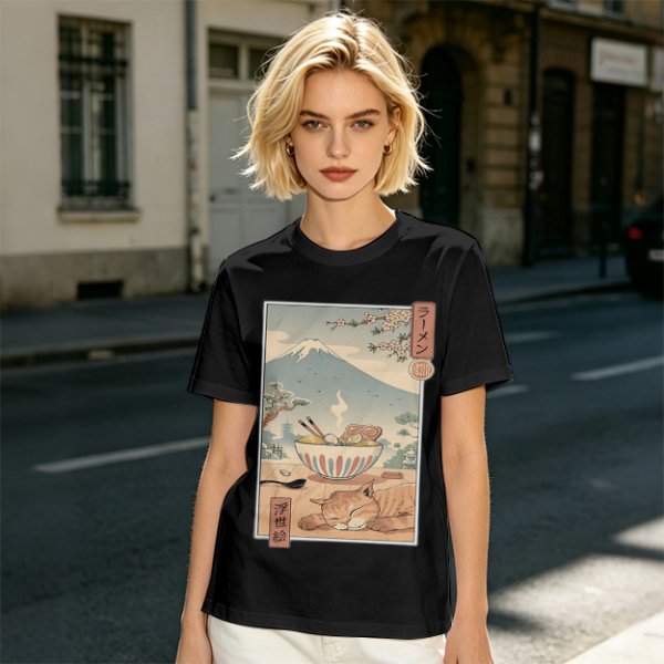 Olive t-shirt with ukiyo-e style ramen cat and Mount Fuji print