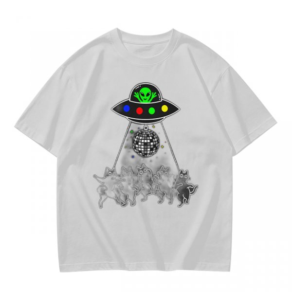 Olive T-shirt with UFO Alien and Disco Dancing Cats Print