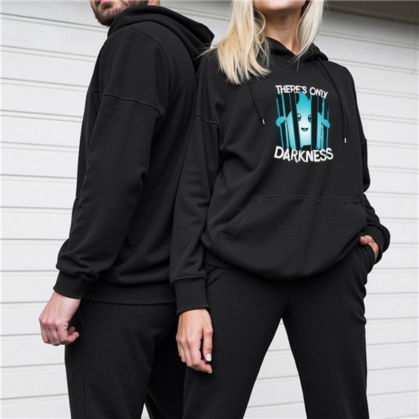 Black hoodie with 'There's Only Darkness' and cute ghost graphic