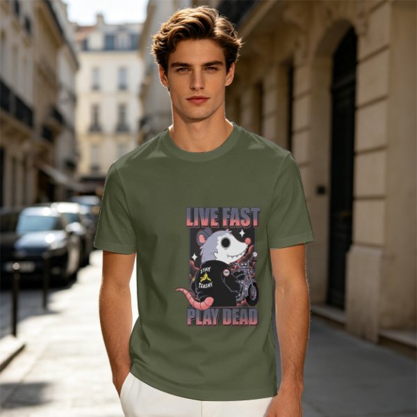 Olive t-shirt with live fast play dead opossum biker graphic