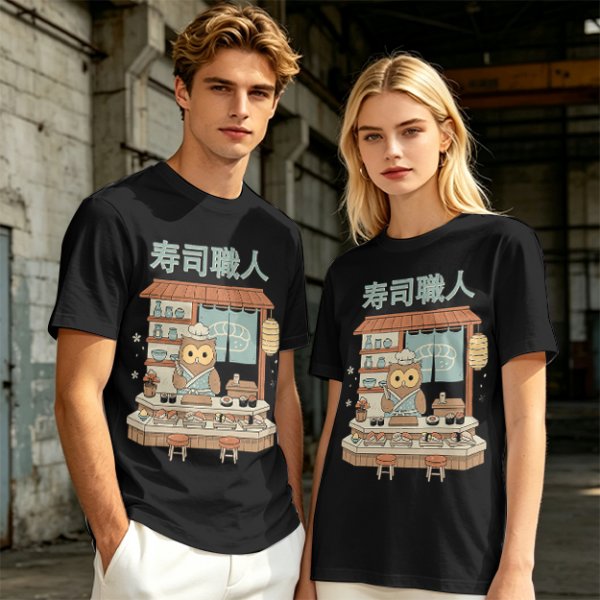 Owl sushi chef at Japanese sushi shop graphic t-shirt