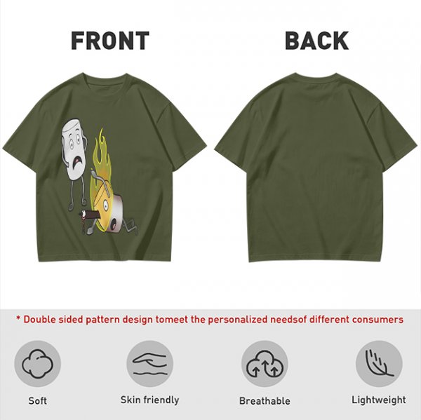 Olive T-Shirt With Cartoon Marshmallow and Burning Character Print