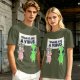 Olive T-shirt with Unicorn and Alien Holding 'Humans Are A Virus' Sign