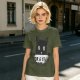 Olive graphic t-shirt with black cat holding 'for a year or two' text