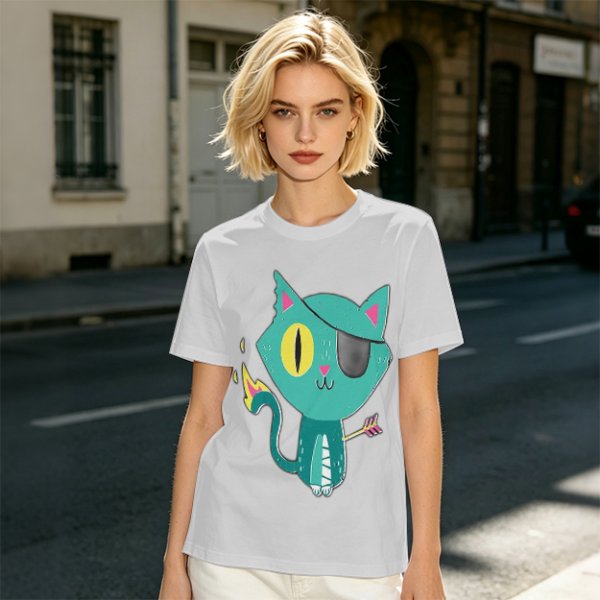 Olive Green T-Shirt With Pirate Cat Graphic Print
