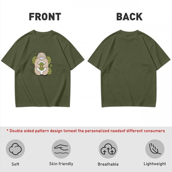 Olive Green T-Shirt With Cute Totoro And Leaf Print