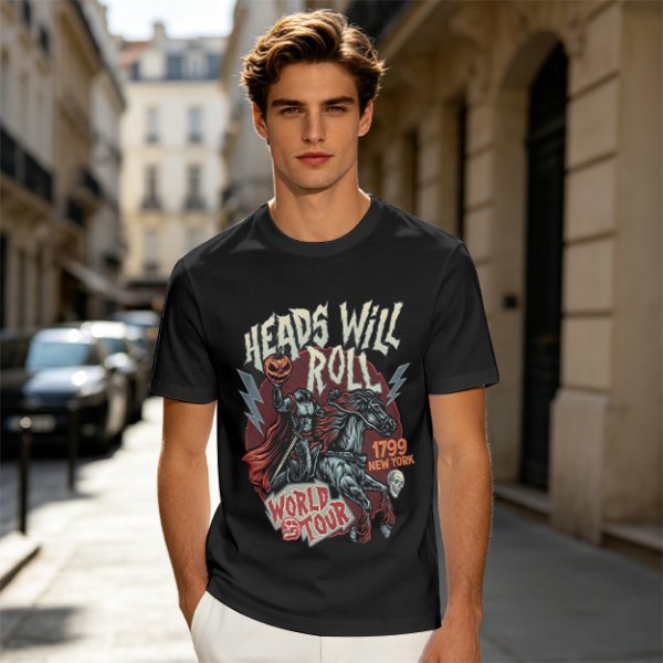Olive graphic t-shirt featuring Headless Horseman 'Heads Will Roll World Tour' print