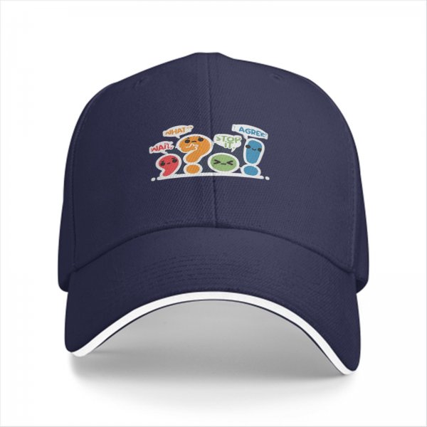 Black baseball cap with cute punctuation characters and speech bubbles