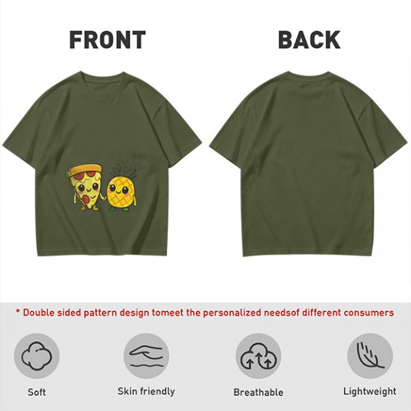 Olive T-Shirt with Cute Pizza and Pineapple Holding Hands Print
