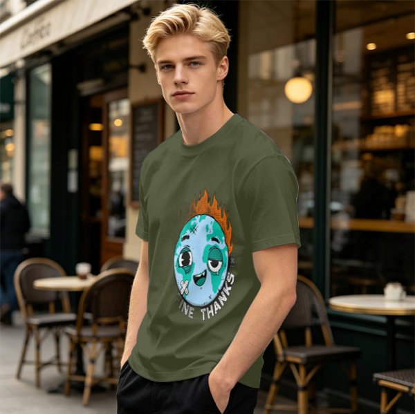 Olive T-shirt with Worn Burning Earth Graphic and 'Fine Thanks' Text