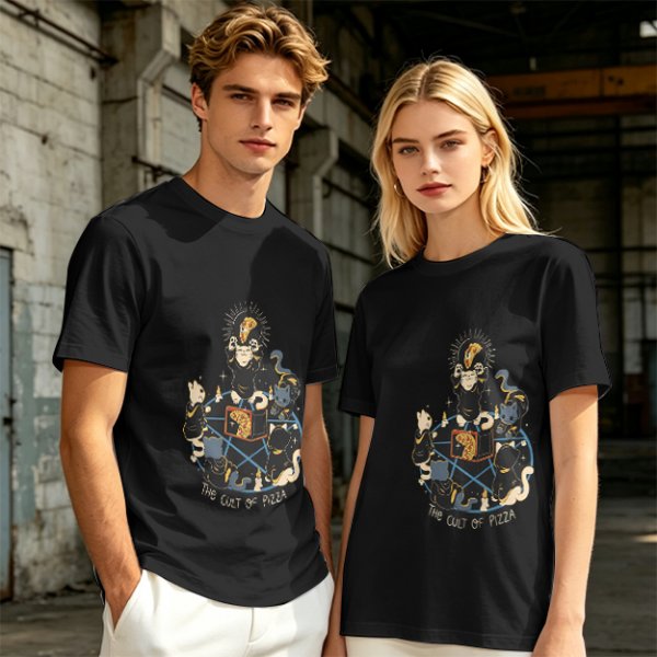 Olive Graphic T-Shirt With The Cult Of Pizza Cat Occult Artwork