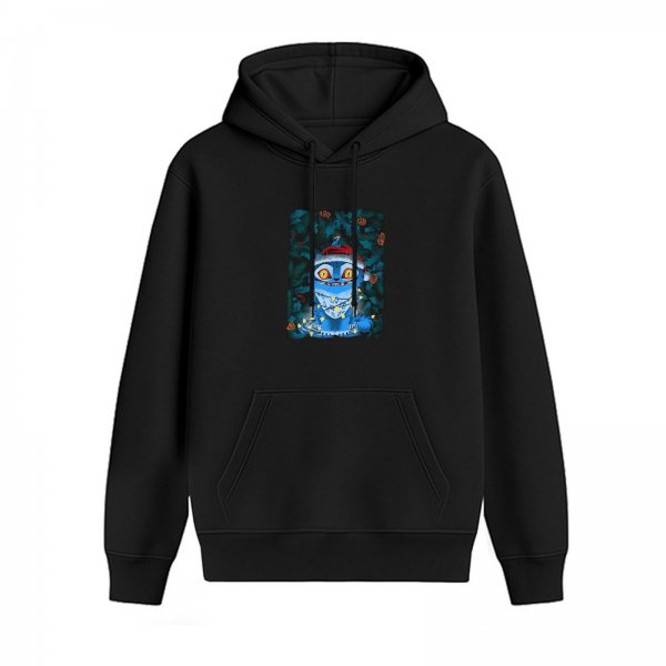 Black hoodie with a blue Christmas monster wearing a Santa hat and fairy lights
