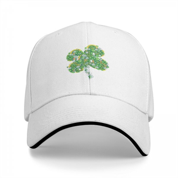 Black baseball cap with decorative four-leaf clover graphic