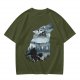 Olive T-Shirt With Howling Wolf Silhouette Winter Fantasy Art Print