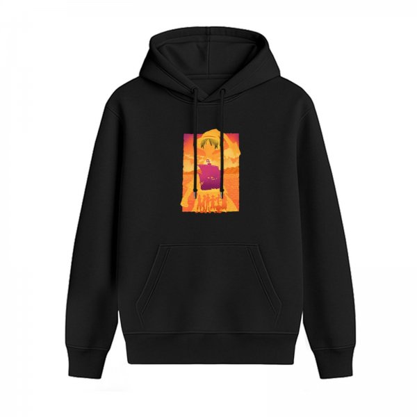 Black hoodie with vibrant sunset pirate ship and crew graphic