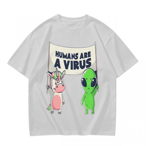 Olive T-shirt with Unicorn and Alien Holding 'Humans Are A Virus' Sign