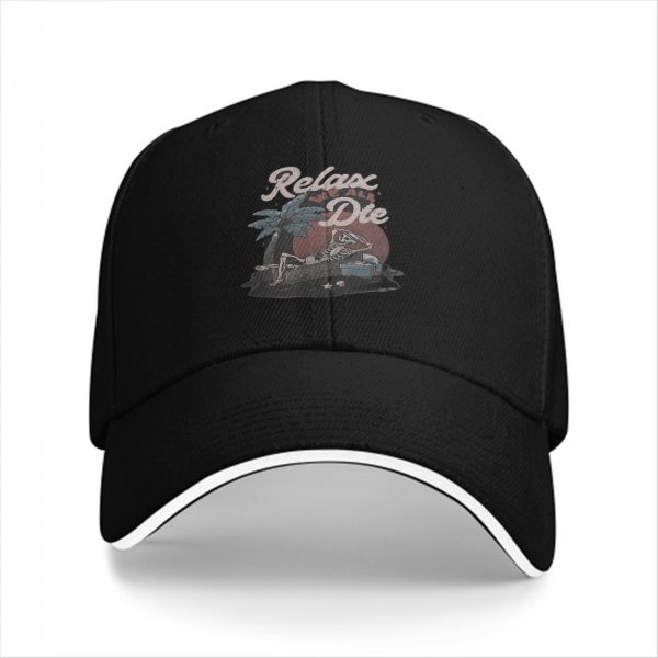 Black baseball cap with Relax Die skeleton palm tree graphic