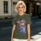 Olive green t-shirt with cartoon characters in cosplay graphic