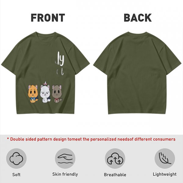 Olive T-Shirt With Cute Kitten Illustrations And Text Print