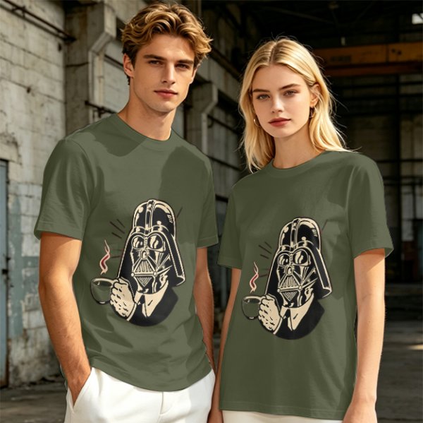 Olive T-shirt with Darth Vader holding a steaming coffee cup