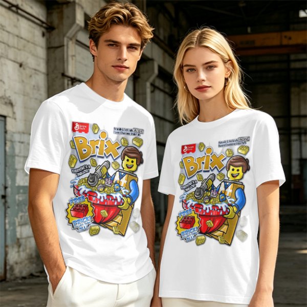 Olive t-shirt with Lego-style Brix cereal graphic print