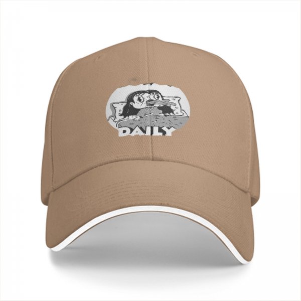 Black baseball cap with grayscale horror girl in bed graphic and DAILY text