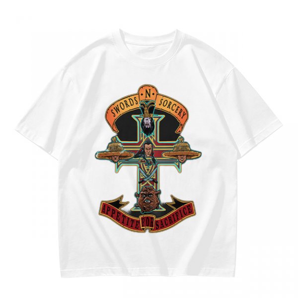 Olive graphic t-shirt with swords n sorcery appetite for sacrifice cross design