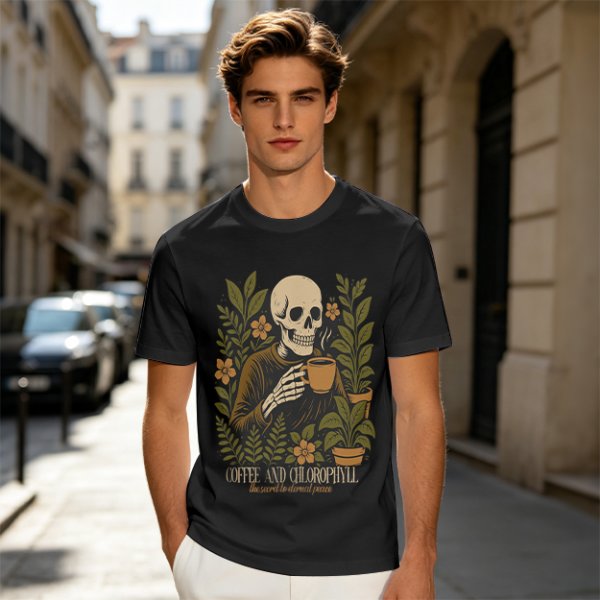 Skeleton with Coffee and Plants T-Shirt Graphic