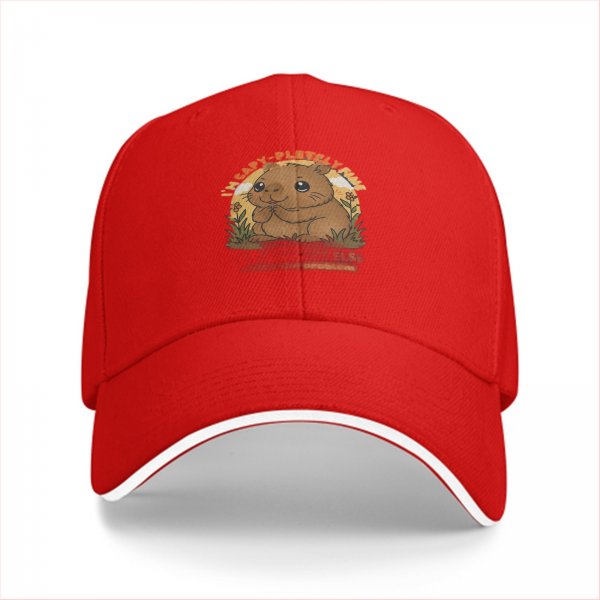 Black baseball cap with cute capybara graphic and playful text