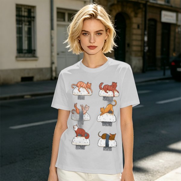 Olive green t-shirt with sushi cat illustrations