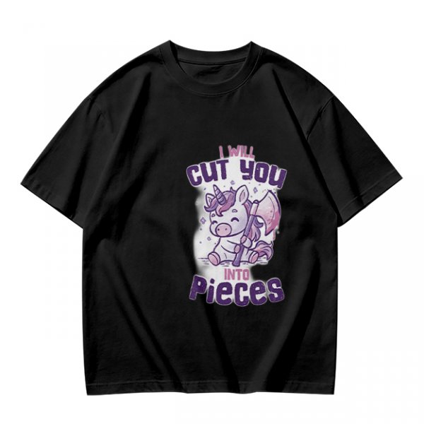 Olive t-shirt with a cute unicorn holding an axe and the text I will cut you into pieces