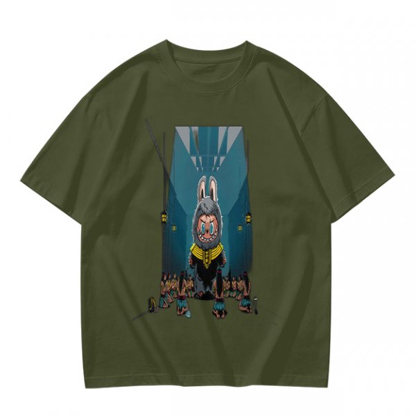 Olive Green T-Shirt With Cartoon Rabbit Character Graphic