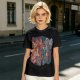 Olive T-shirt with 80s cartoon character crossover graphic
