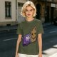 Olive T-shirt with a cartoon cat emerging from a purple chocolate wrapper print