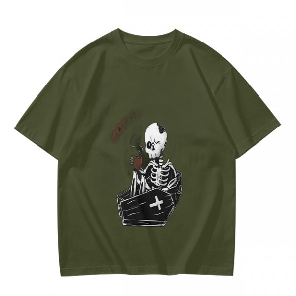 Olive T-shirt with Skeleton in Coffin Holding Coffee Print
