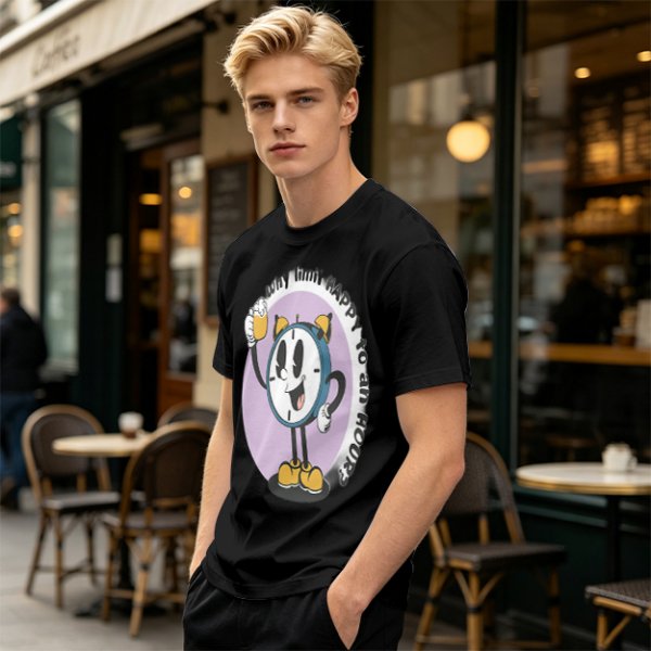 Olive T-Shirt With Cartoon Clock Holding Beer 'Happy Hour' Print