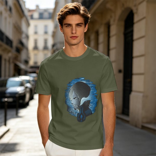 Olive T-Shirt With Anime Character Profile In Blue Cosmic Print
