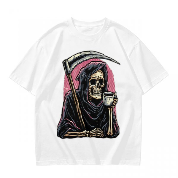 Olive T-Shirt Featuring Grim Reaper Holding Coffee and Scythe