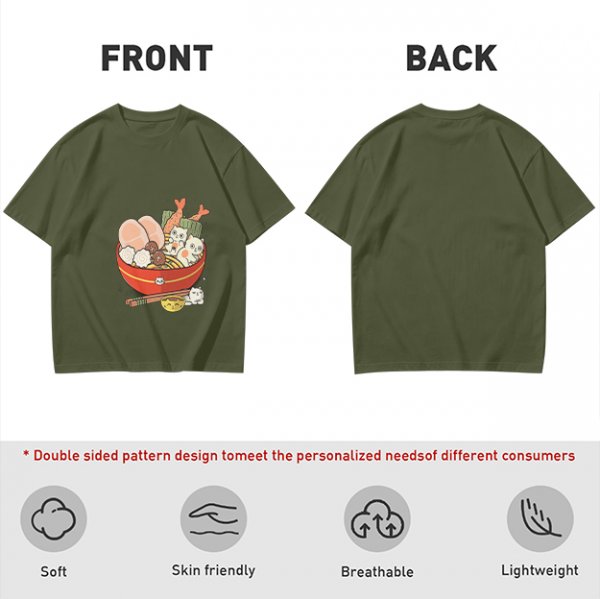 Olive T-Shirt With Cute Cat Ramen Bowl Graphic Print
