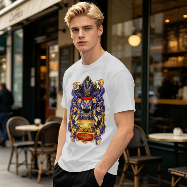 Olive T-Shirt With Pirate Beholder Monster And Treasure Chest Art